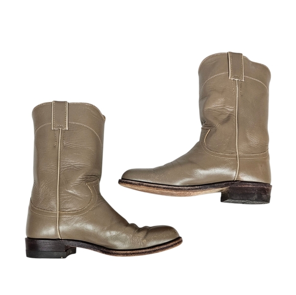 Vintage 70s Justin Boots Taupe Leather Mid Calf Western Cowgirl Boots Size 7B - Picture 10 of 14